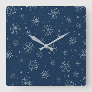 Vintage Christmas Blue Snowflake Design Decor Square Wall Clock