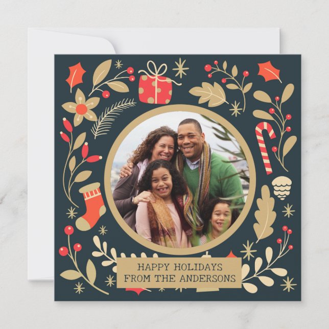 Vintage Christmas Botanical Family Photo Holiday Card (Front)