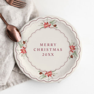 Vintage Christmas Botanical Poinsettia Dessert Paper Plate