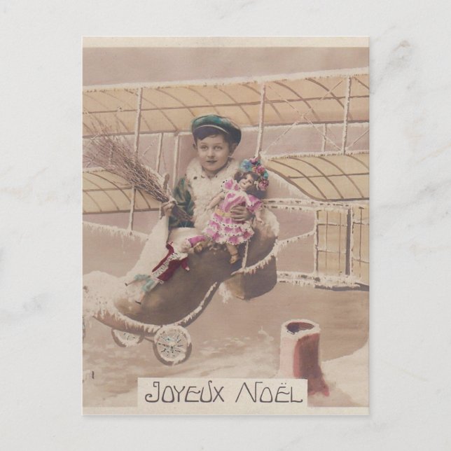 Vintage Christmas Boy Flying Airship Fantasy Holiday Postcard (Front)