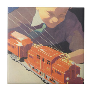 Vintage Christmas, Boy Playing with Toys Trains Ceramic Tile