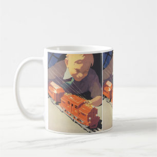 Vintage Christmas, Boy Playing with Toys Trains Coffee Mug