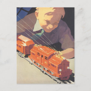 Vintage Christmas, Boy Playing with Toys Trains Holiday Postcard