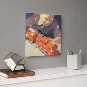 Vintage Christmas, Boy Playing with Toys Trains Square Wall Clock