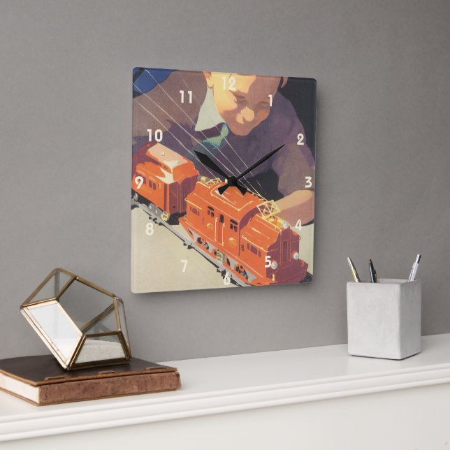 Vintage Christmas, Boy Playing with Toys Trains Square Wall Clock (Office)