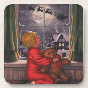 Vintage Christmas Boy Watching For Santa Coaster