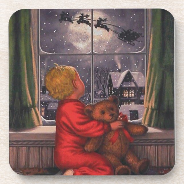 Vintage Christmas Boy Watching For Santa Coaster (Front)