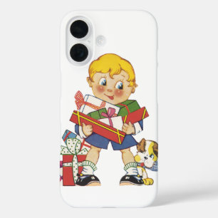 Vintage Christmas, Boy with Presents and Puppy Dog iPhone 16 Case