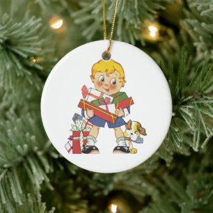 Vintage Christmas, Boy with Presents and Puppy Dog Ceramic Ornament