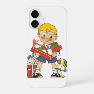 Vintage Christmas, Boy with Presents and Puppy Dog iPhone 16 Case