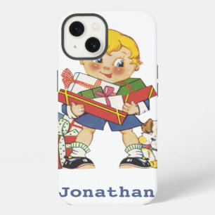 Vintage Christmas, Boy with Presents and Puppy Dog iPhone Case