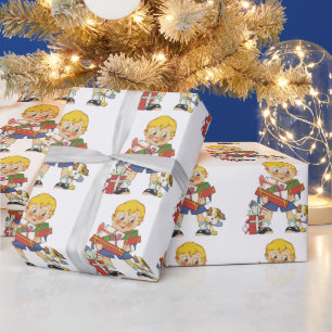 Vintage Christmas, Boy with Presents and Puppy Dog Wrapping Paper