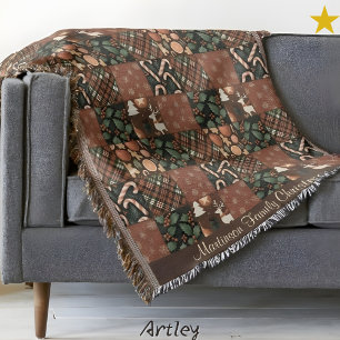 Vintage Christmas Brown Patchwork Name Template Throw Blanket