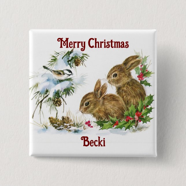 Vintage Christmas Bunnies Button (Front)