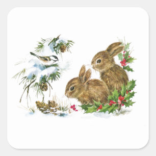 Vintage Christmas Bunnies in the Snow Square Sticker