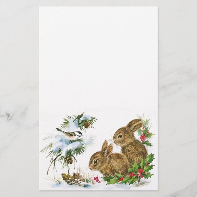 Vintage Christmas Bunnies Stationery (Front)