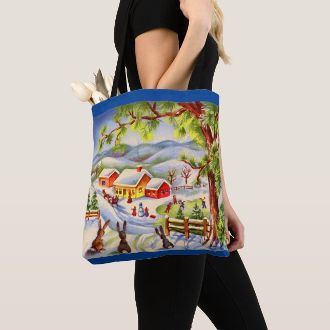 Vintage Christmas bunnies watching Christmas Tote Bag (Close Up)