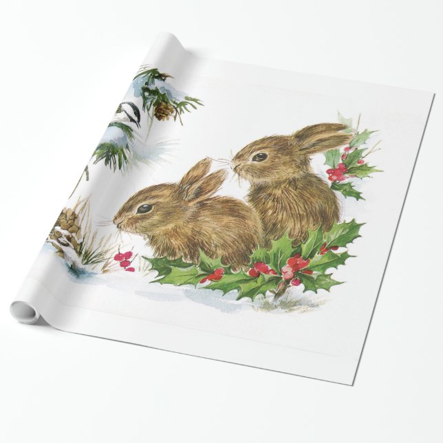 Vintage Christmas Bunnies Wrapping Paper (Unrolled)