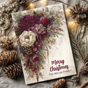 Vintage Christmas Burgundy Floral Personalized  Holiday Card