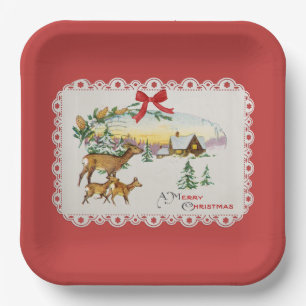 Vintage Christmas Cabin & Deer Paper Plate