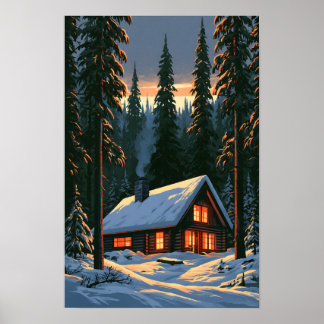 Vintage Christmas Cabin in Snow Poster