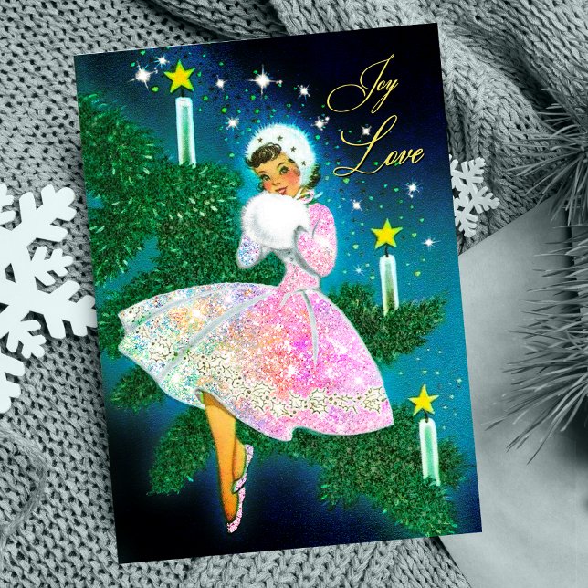 Vintage Christmas candle girl iridescent glitter Holiday Card (Creator Uploaded)