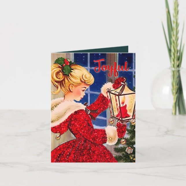 Vintage Christmas candle lamp red glitter girl  Invitation (Front)