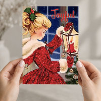 Vintage Christmas candle lamp red glitter girl