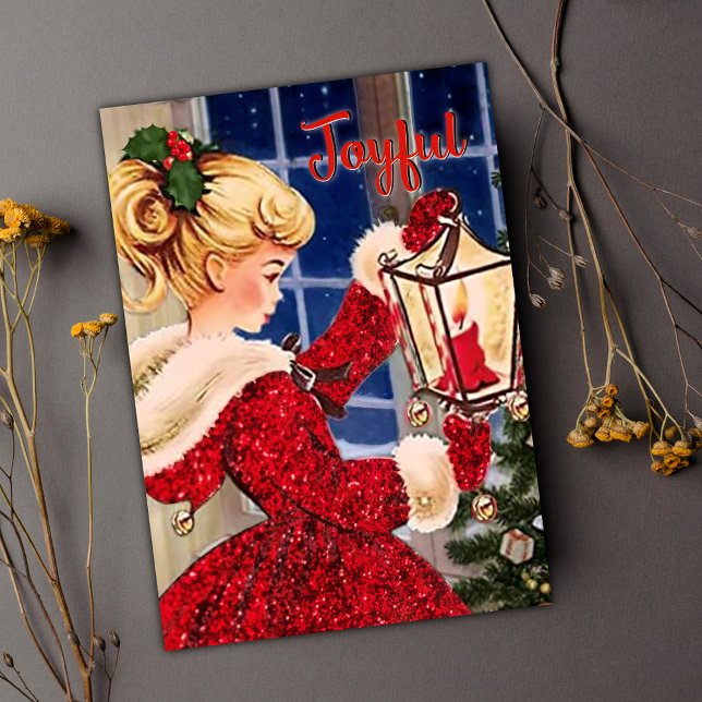 Vintage Christmas candle lamp red glitter girl  Invitation (Creator Uploaded)