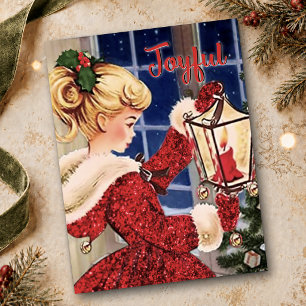 Vintage Christmas candle lamp red glitter girl Postcard