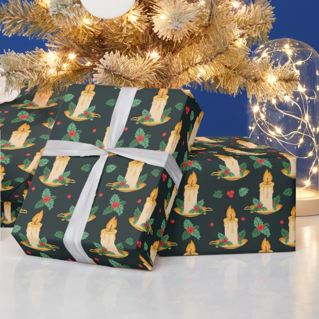 Vintage Christmas Candles Holly Pattern Wrapping Paper (Holidays)