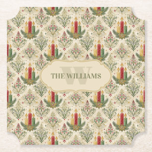 Vintage Christmas Candles & Ornaments Monogram Paper Coaster