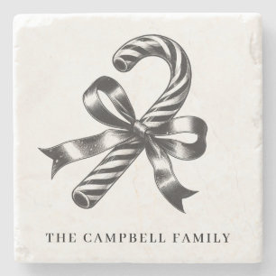 Vintage Christmas Candy Cane Family Name Stone Coaster