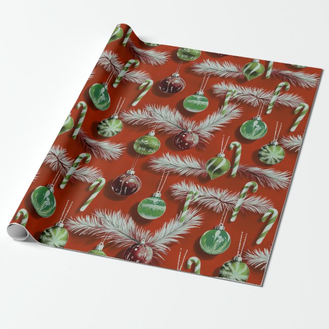 Vintage Christmas: Candy Canes & Ornaments Wrapping Paper (Unrolled)