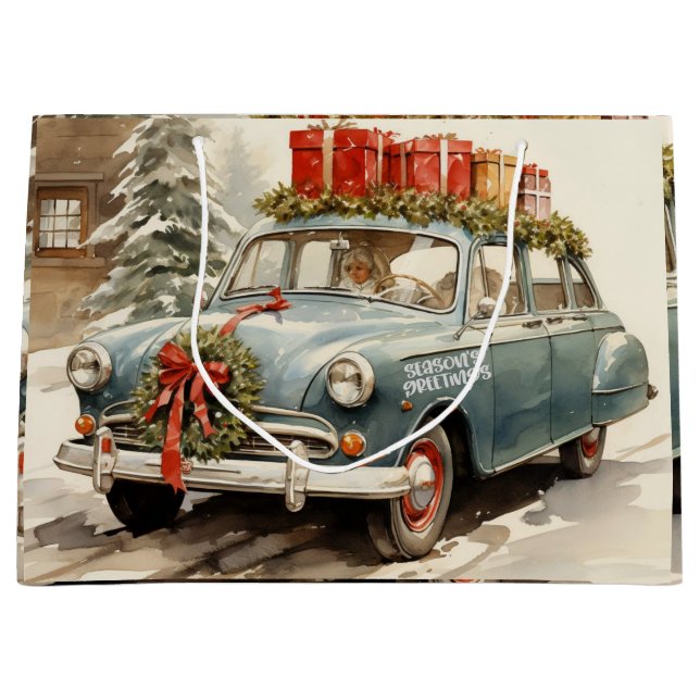 Vintage Christmas Car with Presents  Large Gift Bag (Front)