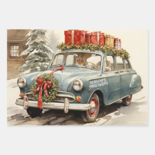 Vintage Christmas Car with Presents  Wrapping Paper Sheet