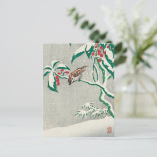 Vintage Christmas Card Bird in Snow Holly