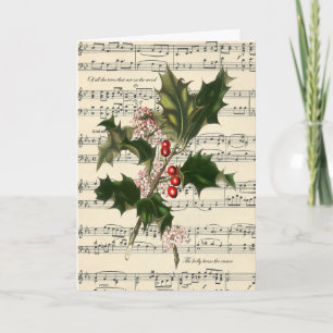 vintage christmas card botanical holly music score