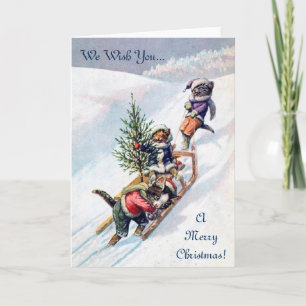 Vintage Christmas Card, Cats & Christmas Tree Holiday Card