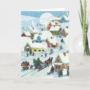 Vintage Christmas Card Cute Snowy Village