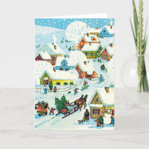 Vintage Christmas Card   Cute Snowy Village