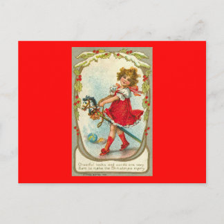 Vintage Christmas Card Girl Toy Horse Postcard