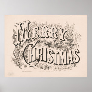 Vintage Christmas Card   Merry Christmas Wreath Poster
