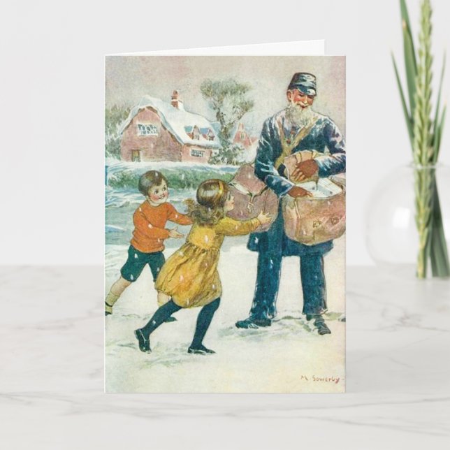 Vintage Christmas Card, Postman & kids, Customise Holiday Card (Front)
