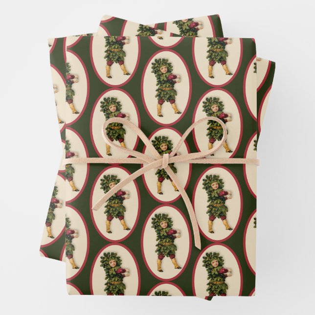 Vintage Christmas Card Retro Wrapping Paper Sheet (In situ)