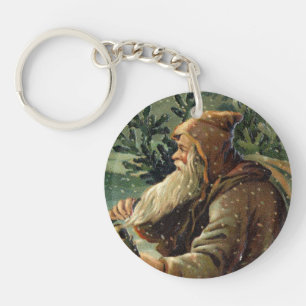 Vintage Christmas Card, Santa Claus and Tree Key Ring