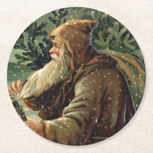 Vintage Christmas Card, Santa Claus and Tree Round Paper Coaster