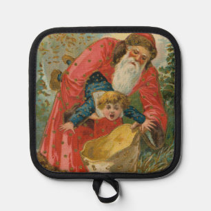 Vintage Christmas Card, Santa Claus, Naughty Child Pot Holder