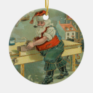Vintage Christmas Card - Santa in his Workshop Ceramic Ornament