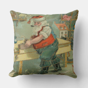 Vintage Christmas Card - Santa in his Workshop Cushion